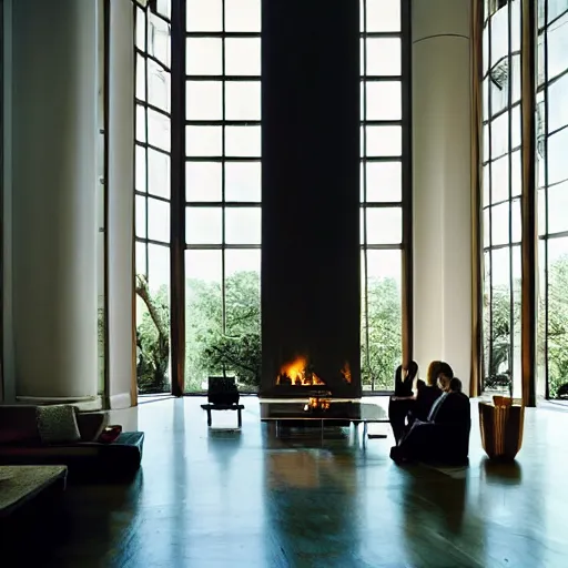 Image similar to giant Italian modern castle living room, clean minimalist design, that is 1300 feet tall, with very tall giant walls filled with modern art paintings, doors that are cosmic portals, photo by Annie Leibovitz, with modern steel sculpture by Tony Cragg