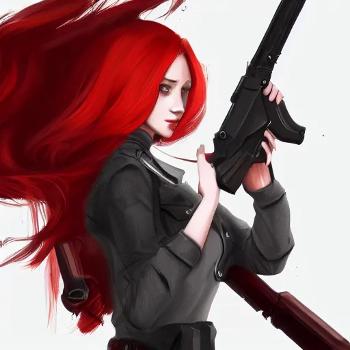 Image similar to a concept art of a girl with red hair holding a gun, highly detailed, digital painting, artstation, concept art, smooth, sharp focus, illustration