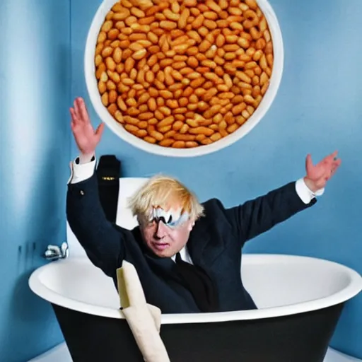 Prompt: Boris Johnson sitting inside a bathtub full of baked beans, photograph