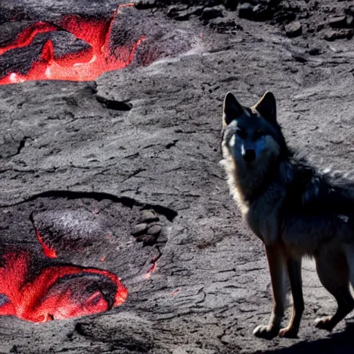 Image similar to a photo of a wolf standing next to molten lava