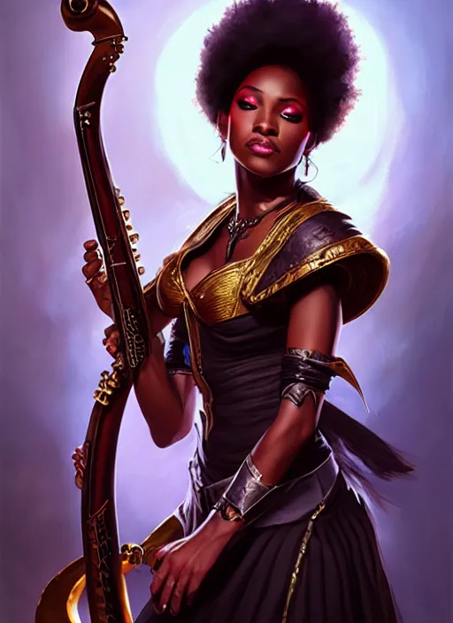 Image similar to a _ fantasy _ style _ portrait _ painting _ of black female charismatic bard playing instrument, rpg dnd oil _ painting _ unreal _ 5 _ daz. _ rpg _ portrait _ extremely _ detailed _ artgerm _ greg _ rutkowski _ greg