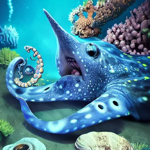 Image similar to an amazing underwater shot of a blue spotted octopus selling snail shells to a shark, trending on artstation cgsociety, award winner, highly detailed, cinematic.