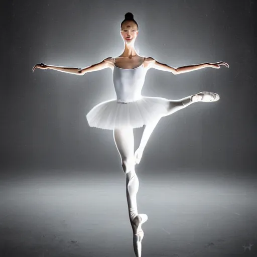 Image similar to beautiful centered fine art photo portrait of beautiful ballerina as a solarpunk robotic humanoid, white mechanical parts with led lights, ballet pose, photorealistic, white background, highly detailed and intricate, soft box lighting, hdr 8 k