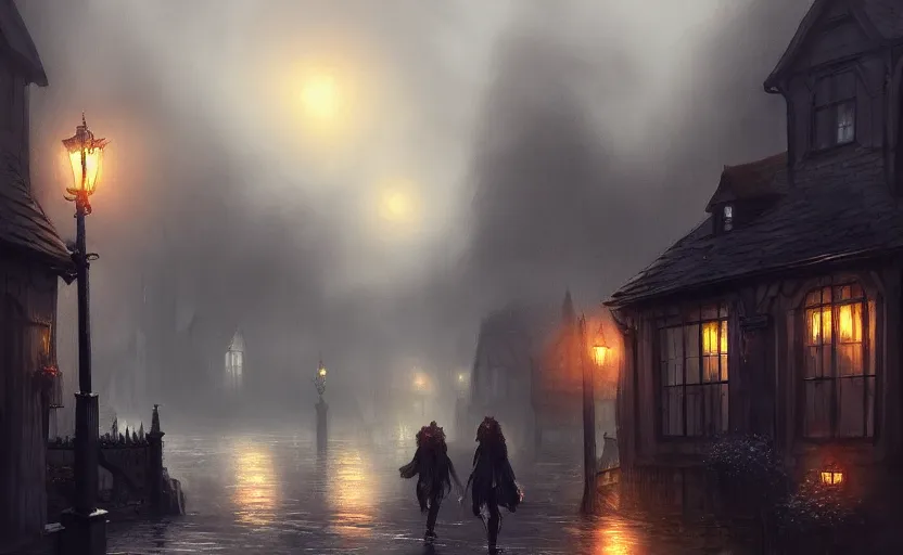 Prompt: rainy old england town, dramatic mood, cozy environment, inspired by legends of runeterra, trending on artstation, concpet art