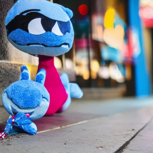 Image similar to blue'snappy gifts'plush doll, on sidewalk, handing out gifts, happy atmosphere, high detail, soft lighting, 8 k