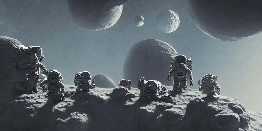 Prompt: Group of aliens chilling on the moon smoking weed, gritty space atmosphere realistic digital art 4K, high quality, Greg Rutkowski, Zabrocki, Karlkka, Jayison Devadas, Phuoc Quan, trending on Artstation, 8K, ultra wide angle, zenith view, pincushion lens effect