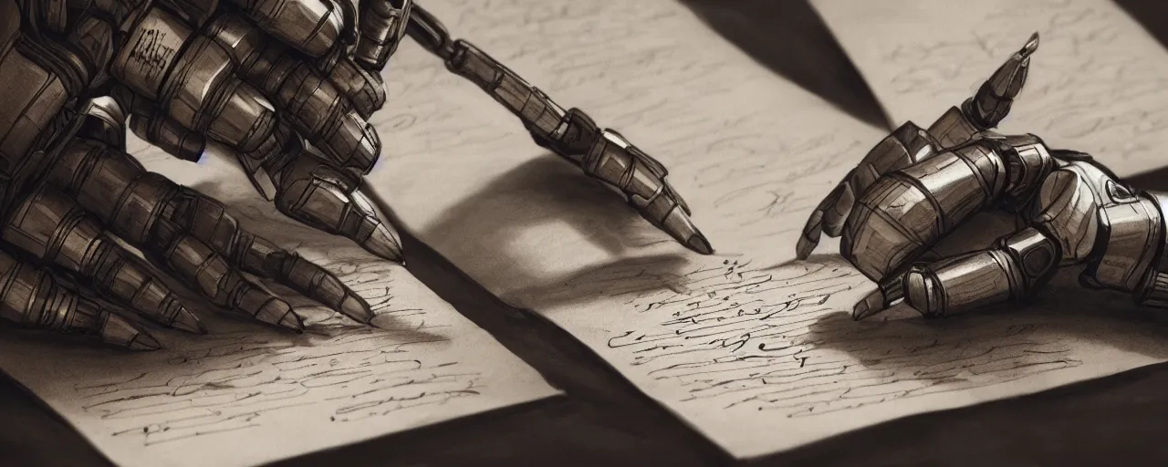 Prompt: a closeup of a robot hand writing a letter, intricate, cinematic lighting, highly detailed, digital painting, artstation, concept art, smooth, sharp focus, illustration