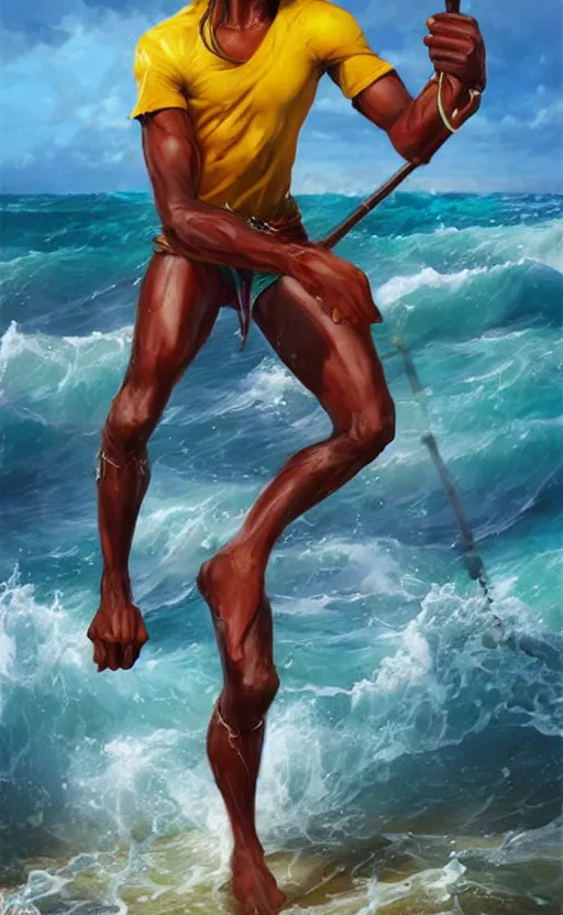 Prompt: character concept of a singular Jamaican fisherman posing in a battle stance in the Jamaican sea, colors of Jamaica, full-body character concept, cinematic, by Ross Tran and Artgerm and Peter Mohrbacher