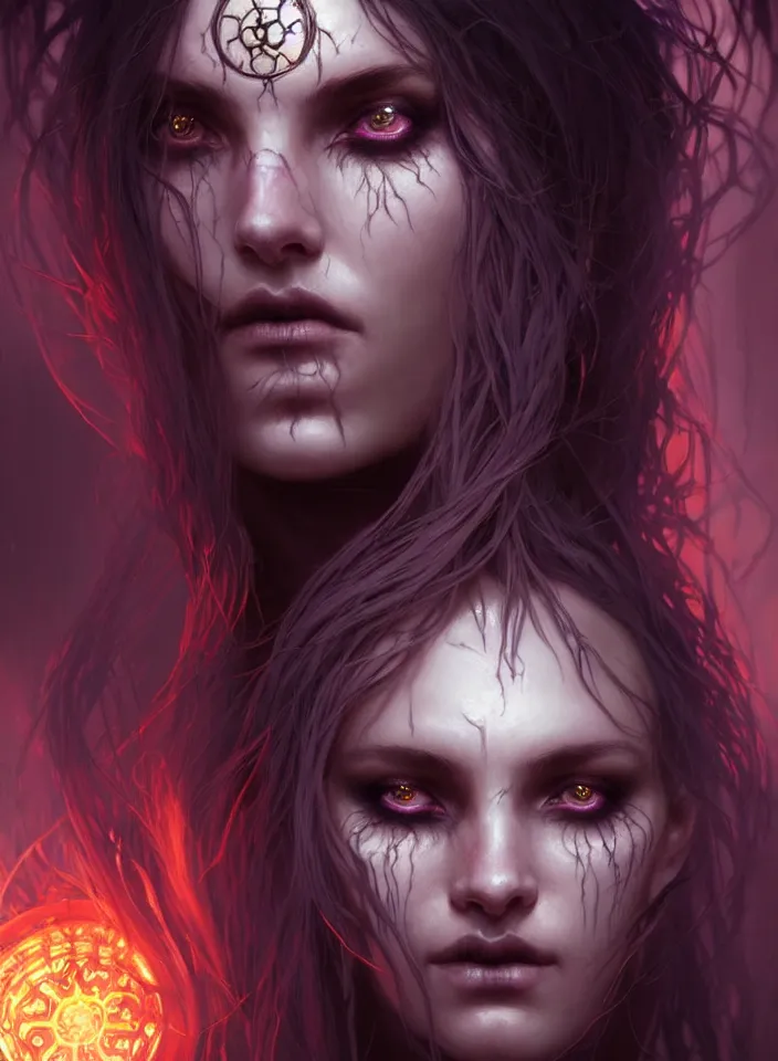 Image similar to Necromancer Sorceress face close-up macro in center, fantasy magic, undercut hairstyle, dark light night, intricate, elegant, sharp focus, illustration, highly detailed, digital painting, concept art, matte, art by WLOP and Artgerm and Greg Rutkowski and Alphonse Mucha, masterpiece