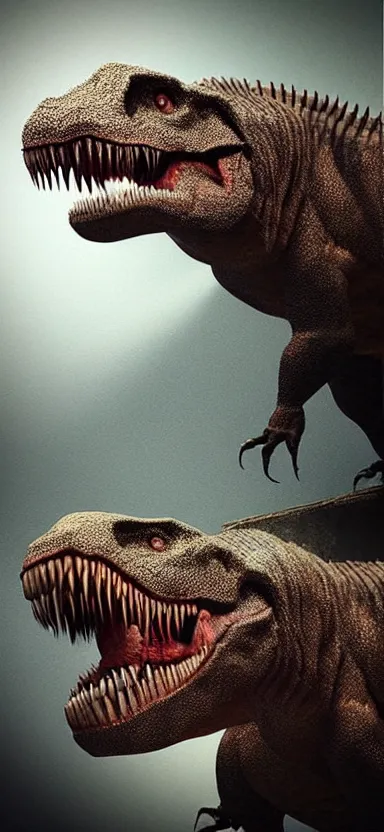 Prompt: “ a photo of a real - life the tyrannosaurus, studio lighting, high detail, 4 k, title - shift, hyperrealism ”