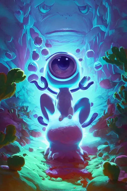 Image similar to smurf ghost creature animal sushi cristal very big eye roots cactus elemental flush of force nature micro world fluo fishscale, behance hd by jesper ejsing, by rhads, makoto shinkai and lois van baarle, ilya kuvshinov, rossdraws radiating a glowing aura global illumination ray tracing hdr