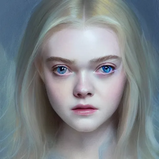 Image similar to a professional painting of Elle Fanning, clothed in ethereal armor, porcelain white skin, long blonde hair, beautiful bone structure, symmetrical facial features, intricate, elegant, digital painting, concept art, smooth, sharp focus, illustration, from Blade Runner 2049, by Ruan Jia and Mandy Jurgens and Artgerm and William-Adolphe Bouguerea