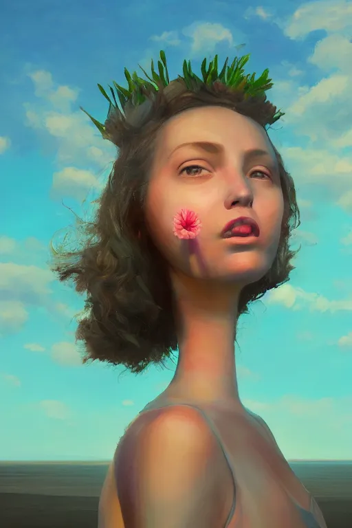 Image similar to closeup girl with huge dahlia flower face, on the beach, surreal photography, blue sky, sunrise, dramatic light, impressionist painting, digital painting, artstation, simon stalenhag