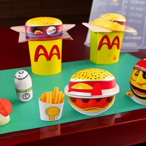 Prompt: The planets of the solar system as a McDonald's happy meal toy, on a table at McDonald's