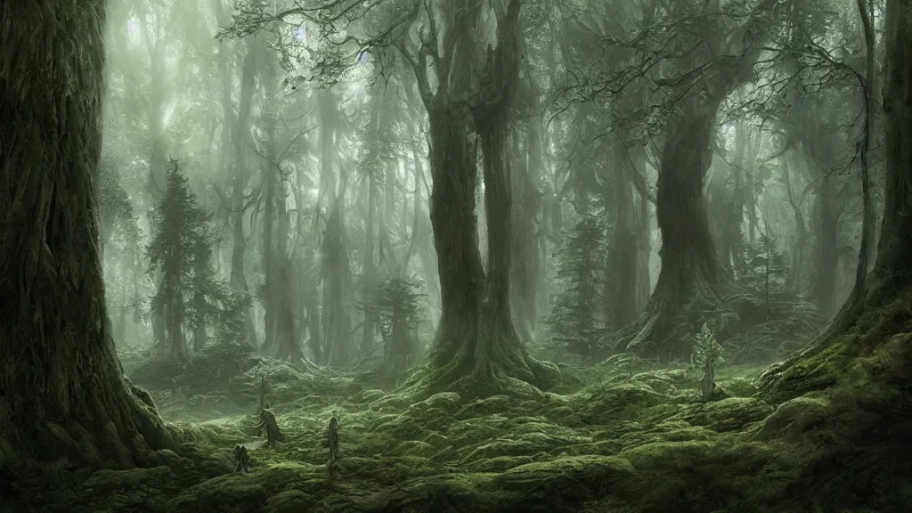 Image similar to peaceful elven forest, thick forest, large ents are visible in the background, by alan lee, michal karcz, smooth details, lord of the rings, game of thrones, smooth, detailed terrain, oil painting, trending artstation, concept art, fantasy matte painting