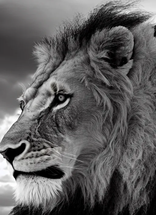 Image similar to lion and lioness black and white portrait white sky in background