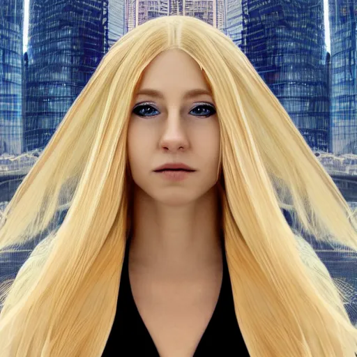 Image similar to panorama of a pretty blond seraphim in a machine city, perfect symmetrical face, cute face, 8 k, shallow depth of field, 8 k, ultra high detail, concept art, w 1 0 2 4