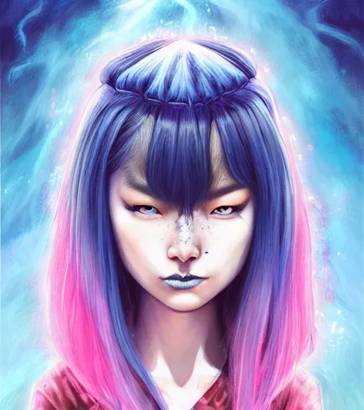 Prompt: An epic fantasy comic book style portrait painting of a very beautiful Japanese Icelandic! mixed-race girl, very expressive, piercing blue eyes, elegant, dreamy, smirk, round face, smooth, fair skin with freckles, modern futuristic hair style with bangs, wearing a pink polkadot dress, awesome pose, character design by Mark Ryden and Pixar and Hayao Miyazaki, unreal 5, DAZ, hyperrealistic, octane render, cosplay, RPG portrait, dynamic lighting, intricate detail, summer vibrancy, cinematic