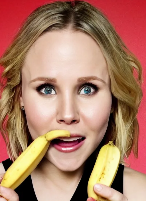 Image similar to portrait of kristen bell eating a banana, intricate, elegant, highly detailed, photorealistic, trending on artstation, digital art