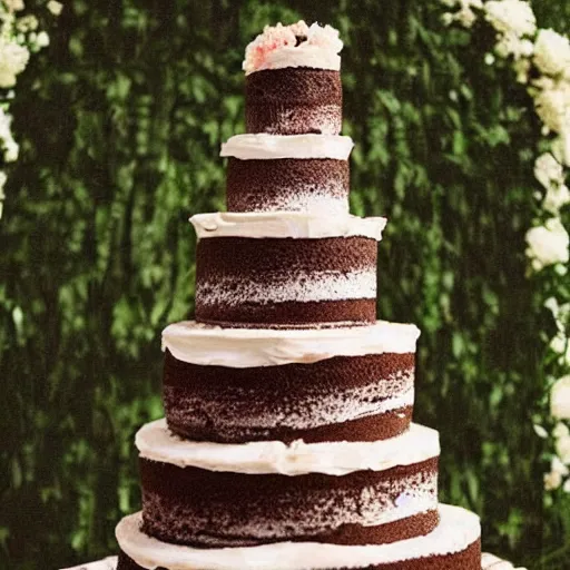 Image similar to a chocolate lava wedding cake spilling it's filling all over the bride's dress trending on TikTok