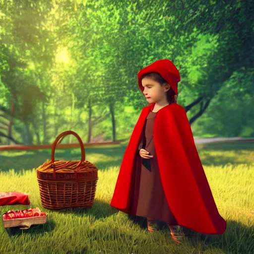 Image similar to a beautiful little girl in red hat cloak with a picnic basket rendered as an unreal engine