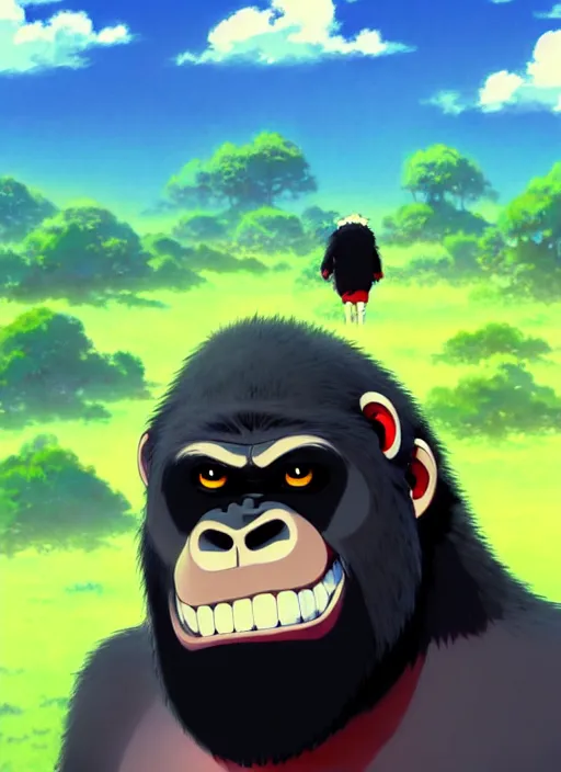 Image similar to anime gorilla holding a very small red mushroom, big smile on face, sunny sky background, lush landscape, illustration concept art anime key visual trending pixiv fanbox by wlop and greg rutkowski and makoto shinkai and studio ghibli and kyoto animation, symmetrical facial features, black shirt,