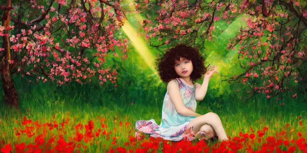 Prompt: a cute young girl with short curly red hair sitting in a field of flowers, god rays are passing through the trees in the background, abstract painting, low saturation, calm feeling