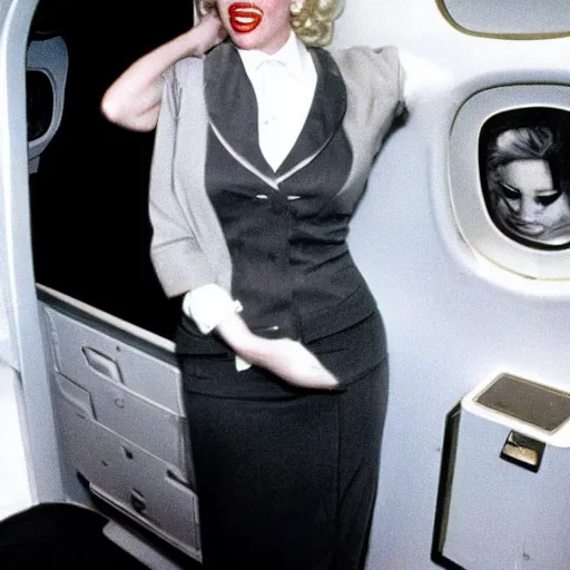 Prompt: DSLR 35mm film photography of young marilyn monroe, 1980s fashing, as a flight attendant in 1998