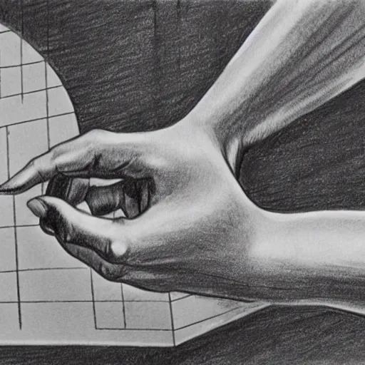 Image similar to Drawing Hands, 1948, lithograph by M.C. Escher. Unreal engine, futuristic 3D rendering