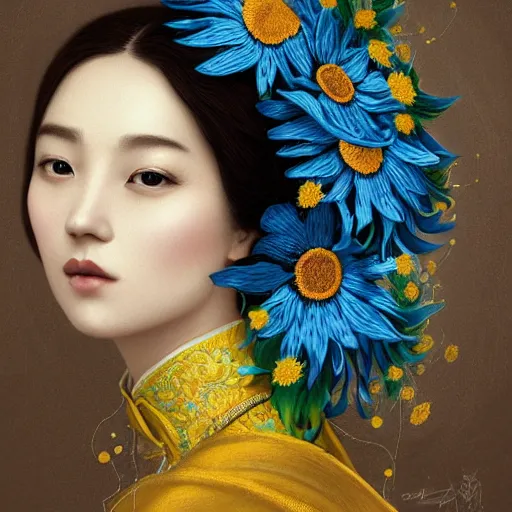 Image similar to taiwanese lady in white embroidered shirt, ukrainian national costume, filigree crown with blue and yellow textile embroidery sunflowers, intricate, elegant, digital painting, art nouveau, smooth, focus, rim light, charlie bowater, tom bagshaw, greg rutkowski