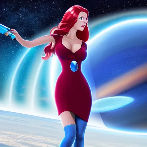 Image similar to space redhead in a tight blue dress with a planet in the background holding a laser gun up, realistic mouth, realistic, high definition, detailed and symetric face, detailed and realistic hands, expressive eyes, 4 k, shimmering color, epic digital art