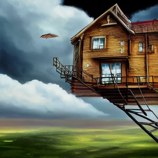 Image similar to A hyperdetailed digital oil painting of a house in the clouds,ladder,cartoon, Trending on ArtStation and DeviantArt