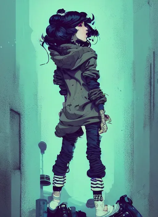 Prompt: highly detailed portrait of a sewer punk lady, tartan hoody, ringlet hair by atey ghailan, by greg rutkowski, by greg tocchini, by james gilleard, by joe fenton, by kaethe butcher, gradient light blue, black, cream and white color scheme, grunge aesthetic!!! ( ( graffiti tag wall background ) )