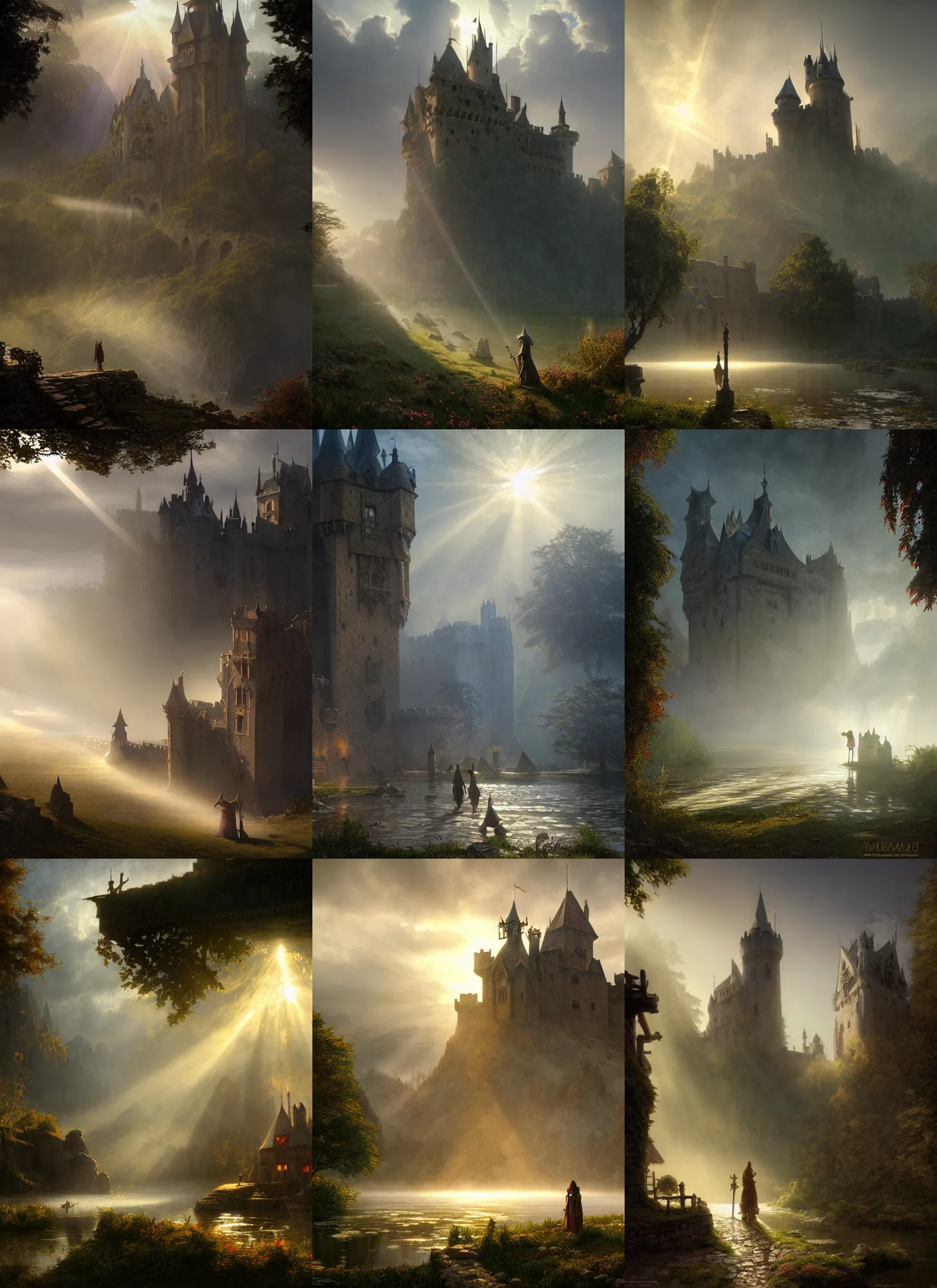 Prompt: medieval castle, mist, sunrays, dust in the air, dnd character, unreal engine, octane render, dramatic lighting, pond, digital art, by stanley artgerm lau, greg rutkowski, thomas kindkade, alphonse mucha, loish, norman rockwell,