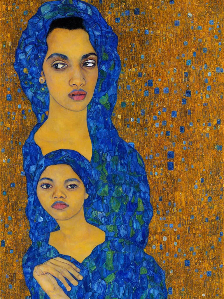 Prompt: a beautiful portrait painting of mahad magandi in front of the whole world united in the art style of Gustav Klimt, impasto oil painting, blue and golden color scheme