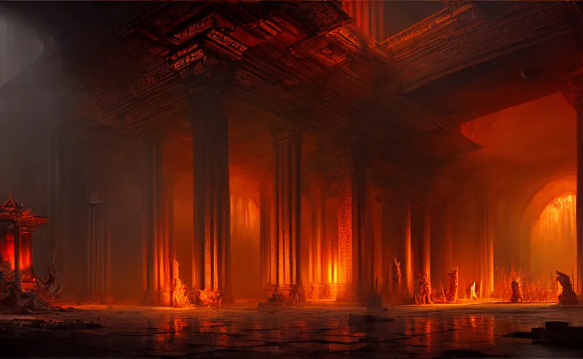 Image similar to The interior of an mytical and ancient temple dragons in ruins, fire light, atmospheric lighting, fog, mysterious, arem, intricate, elegant, volumetric lighting, digital painting, highly detailed, artstation, sharp focus, illustration, concept art, ruan jia, steve mccurry
