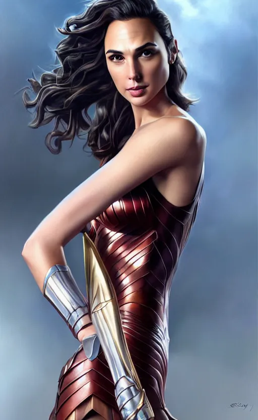 Image similar to full length photo of a gorgeous gal gadot in the style of stefan kostic, realistic, sharp focus, 8k high definition, insanely detailed, intricate, elegant, art by stanley lau and artgerm