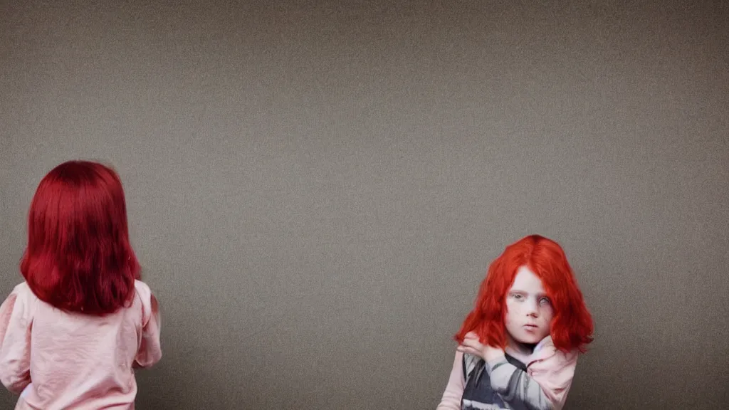 Image similar to colour photograph of a child questioned at the blackboard, red hair, shy, inspired by Gregory Crewdson