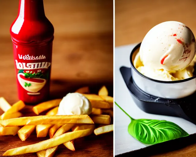 Image similar to dslr food photograph of vanilla ice cream with ketchup on, a leaf of basil on the ice cream, french fries on the side, a bottle of ketchup, bokeh, 8 5 mm f 1. 4