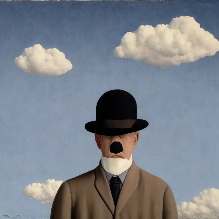 Image similar to portrait of a scary creepy ghost death, clouds in the background, by rene magritte, detailed painting, distance, middle centered, hd, hq, high resolution, high detail, 4 k, 8 k