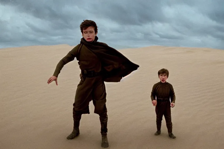 Image similar to a cinematic wide angle shot of a boy in the movie dune, stormy weather, dry, film still, cinematic, movie still, dramatic lighting, by zack snyder