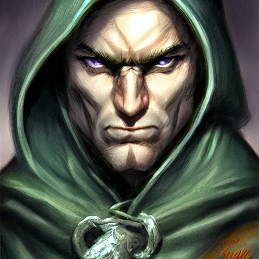 Image similar to Character portrait, face close up: Elf Male Monk/Ranger. Hooded, shadow and gloom. In the style of Ralph Horsley