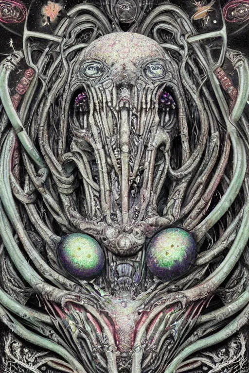 Prompt: a cosmic alien monster with embedded symbols hyperrealism, digital vision of acid colors raytracing, global illumination , award winning works by H. R. Giger, Ernst Haeckel, Beto Val, Simon Holmedal, Silent Hill :: H.P. Lovecraft, Art and Monsters ,high quality printing, fine art with subtle redshift rendering