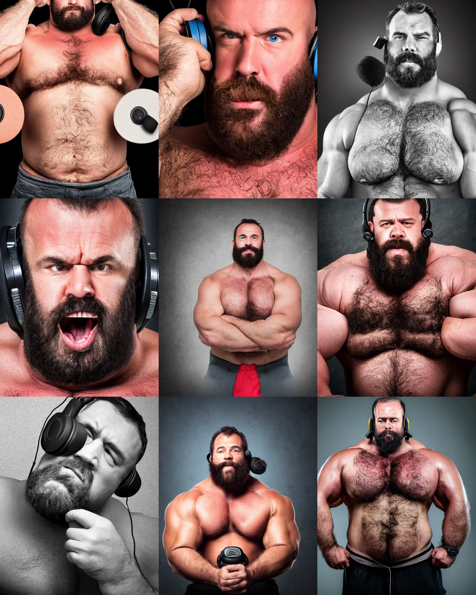 Prompt: portrait of a massive hairy thick muscular masculine dumb strongman with a hypnotic headset, photography, highly detailed, high definition, 4 k, 8 k