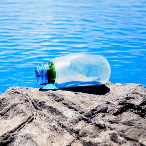 Prompt: bottle on a rock floating in the blue water surrounded by plethora of fauna and flora, bright blue skies up close shot, white background, zen, light, modern minimalist f 2 0 clean
