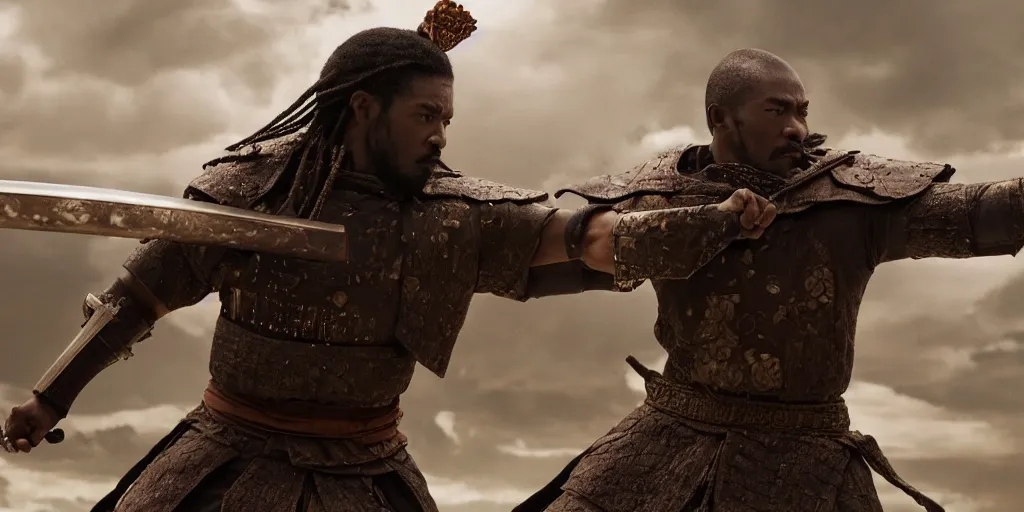 Image similar to a film still of a black man starring in a japanese blockbuster film as ancient samurai, intense, shallow depth of field, cinematic, award winning cgi, vfx, film still