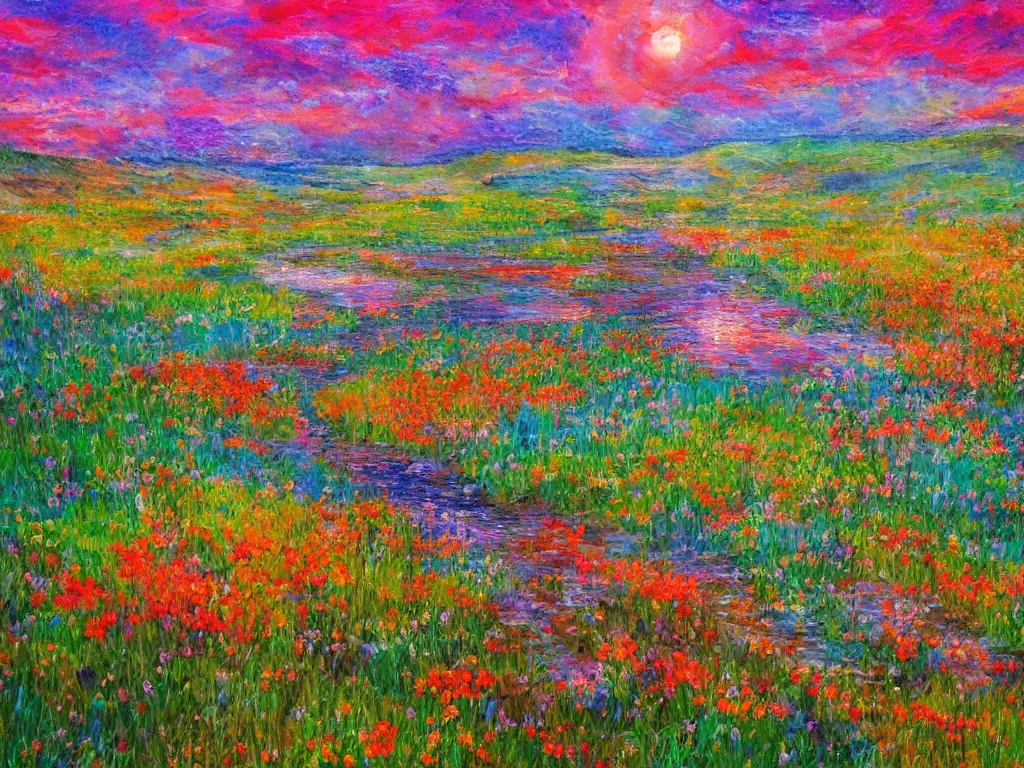 Image similar to an impressionist painting of a gorgeous meadow filled with colorful mushrooms with a stream flowing through it, psychedelic colors, colorful sky in background, high detail, trending on artstation