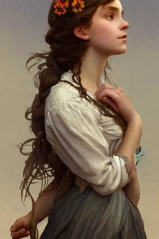 Image similar to beautiful cottagecore young peasant maiden, innocent, intricate, elegant, highly detailed, digital painting, artstation, concept art, smooth, sharp focus, illustration, art by artgerm and greg rutkowski and alphonse mucha