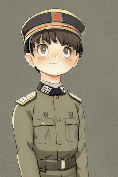 Image similar to beautiful little boy in nazi male uniform. made in abyss art style, sharps focus, cute detailed artwork, anatomically correct, ilya kuvshinov, reflection, perfect composition, wallpaper mobile, digital art, detailed anime soft face, symmetrical face, western comic, illustration, realistic, nazism, smooth, lois van baarle, gold ration, soft details