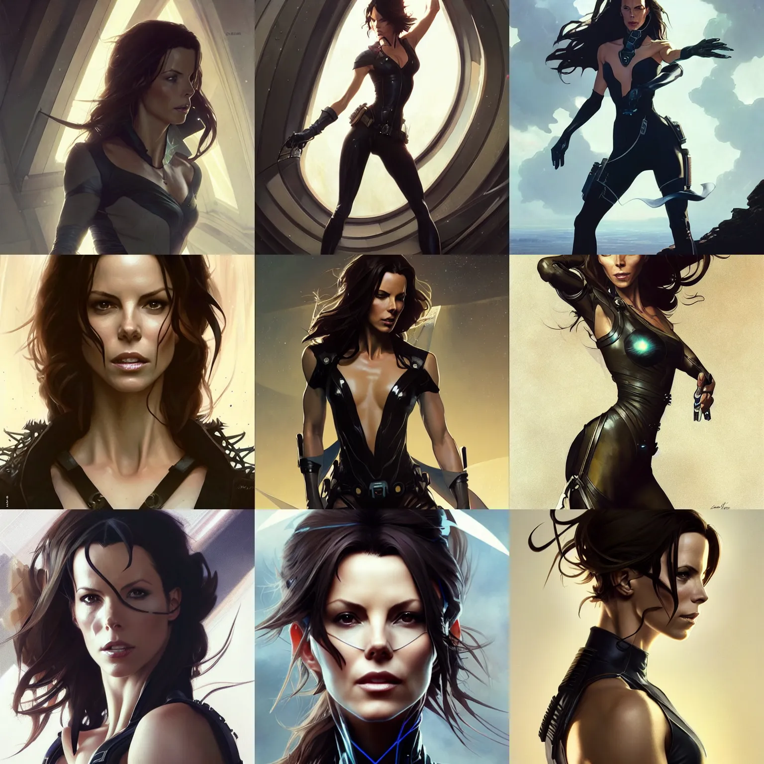 Image similar to kate beckinsdale as aeon flux profile picture by greg rutkowski, dynamic pose, intricate, futuristic, fantasy, elegant, by stanley artgerm lau, greg rutkowski, thomas kindkade, alphonse mucha, loish, norman rockwell,